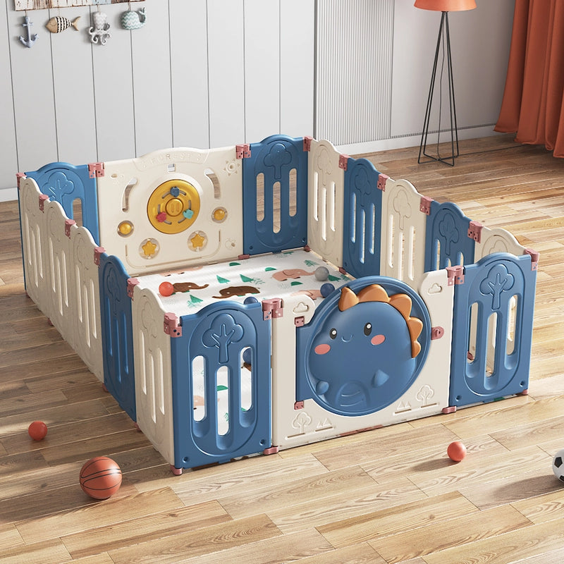 Parc de Jeux Pliable avec Filet de Basketball (190x152cm) - Dinosaure Bleu