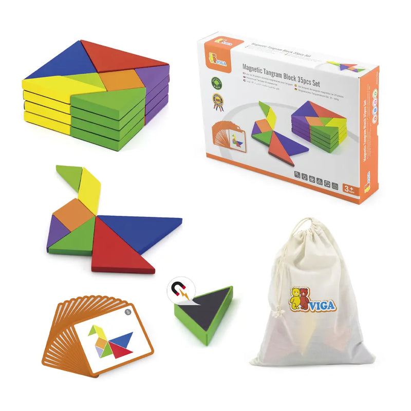 Viga Toys 35-Piece Wooden Magnetic Tangram - 3Y+