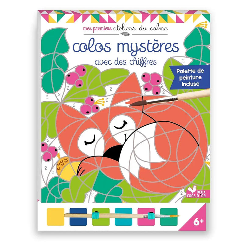 Colos misteriosos con números, paleta de pintura con pincel y papel