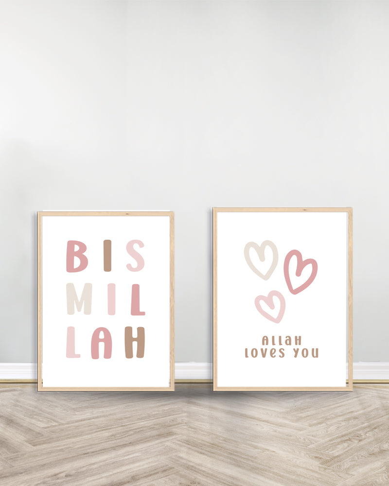 Conjunto de 2 Cuadros Decorativos de Rosas - Bismillah | Allah te ama - Madera