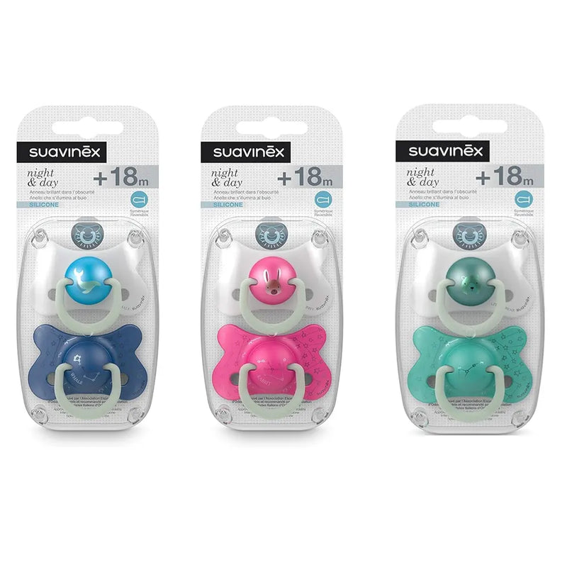 Lot de 2 Sucettes Suavinex Night & Day Réversible – 18M+