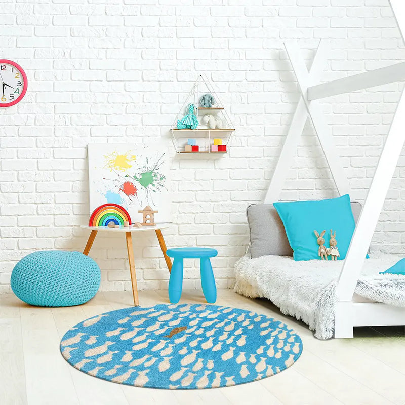 Tapis Rond Poissina Turquoise Crème