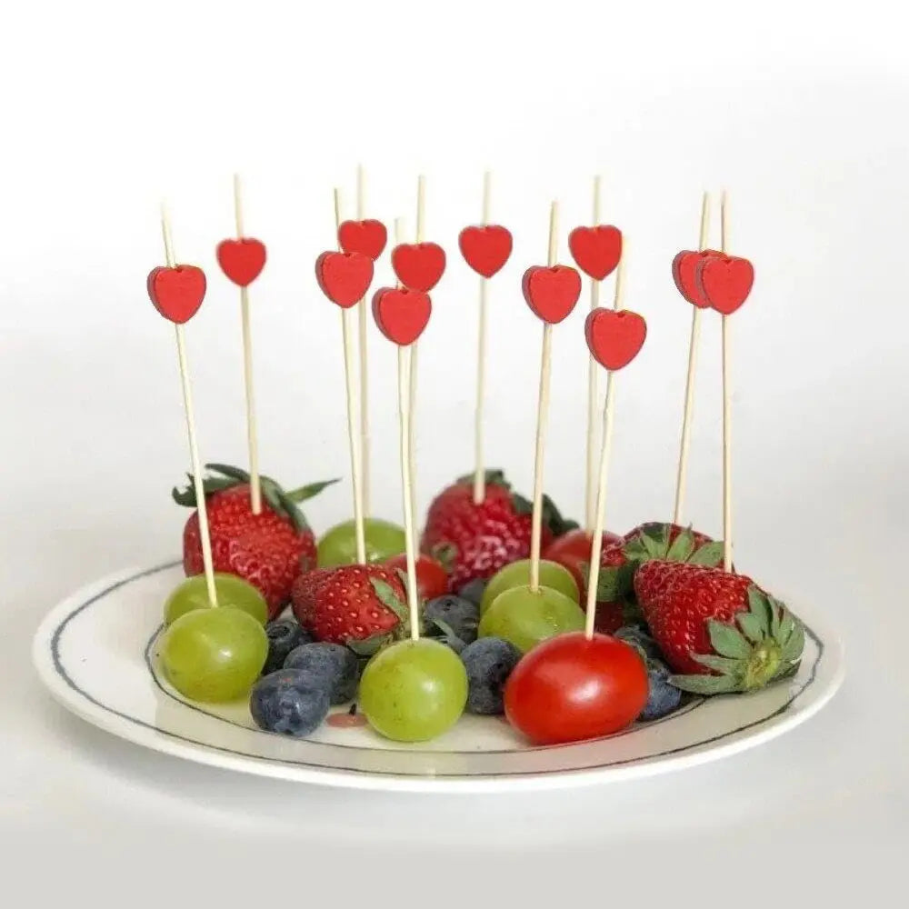 Lot de 100 Brochettes en Bois - Coeurs Rouge