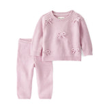 Ensemble 2 Pièces Pull en Tricot Coton Bio Nœuds Bébé Fille Little Planet - Rose