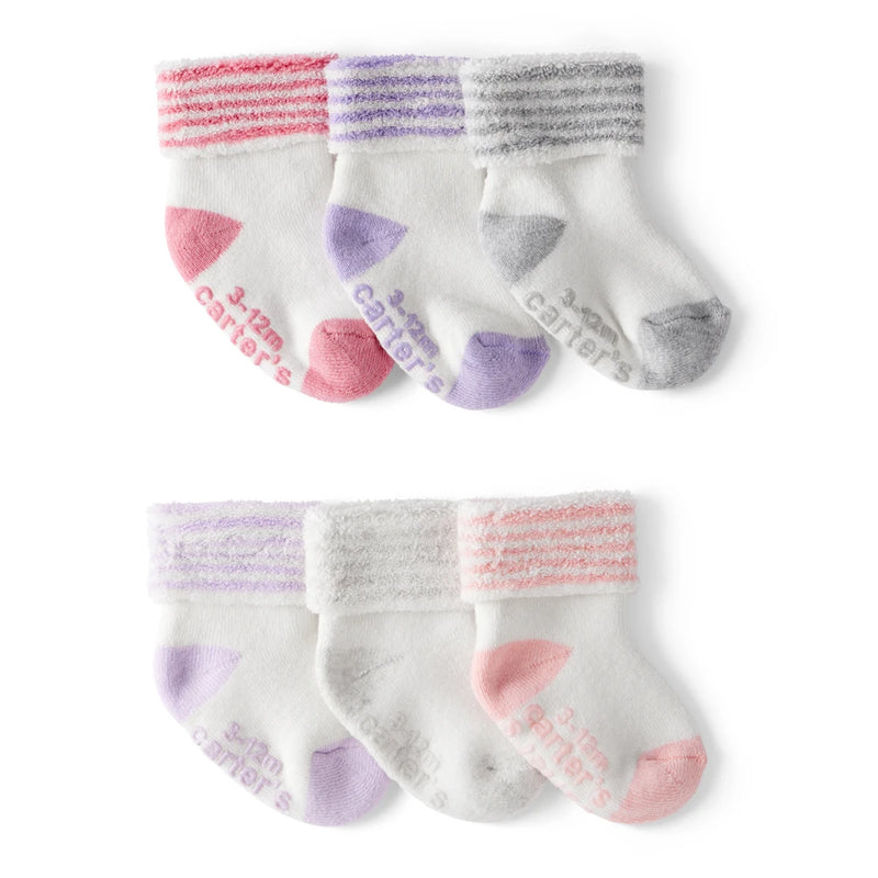 Lot de 6 Paires de Socquettes à Revers Rayés Bébé Fille Carter's - Violet & Rose
