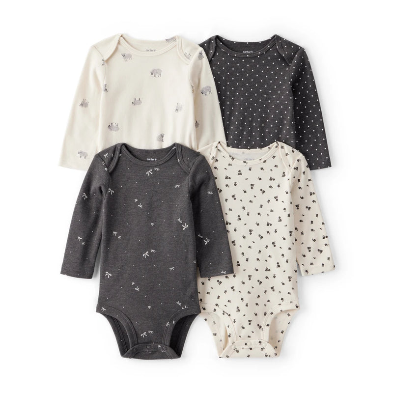 Lot de 4 Bodies à Manches Longues Moutons & Nœuds Bébé Fille Carter's - Noir & Blanc