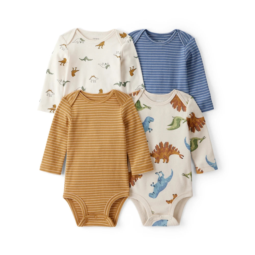 Lot de 4 Bodies à Manches Longues Dinosaures & Rayures Bébé Garçon Carter's - Blanc
