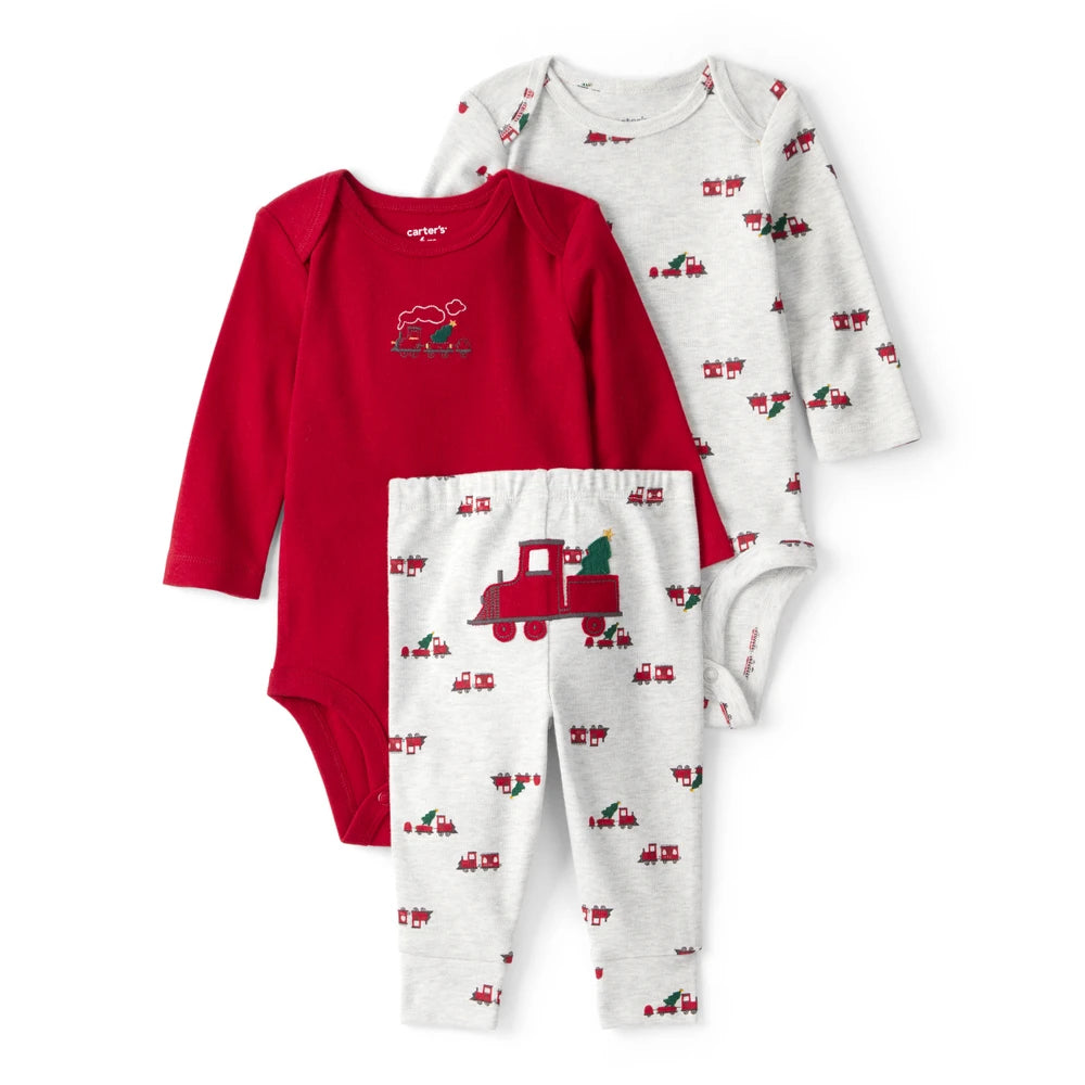 Ensemble 3 Pièces Bodies & Pantalon Train de Noël Bébé Garçon Carter's - Rouge