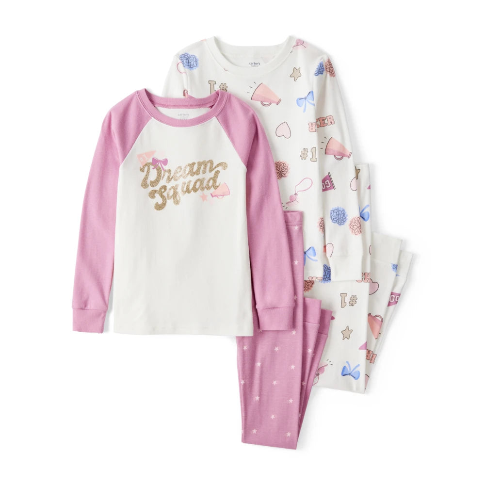 Pyjama 4 Pièces en Coton Pom-Pom Girl Fille Carter's - Blanc & Rose