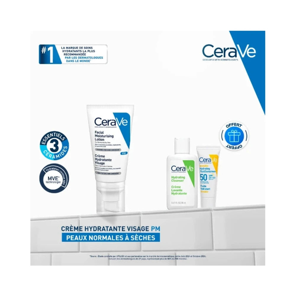 CeraVe Crème Hydratante Visage PM + Crème Lavante 20 ml & Fluide Hydratant SPF 50+ Mini OFFERTS