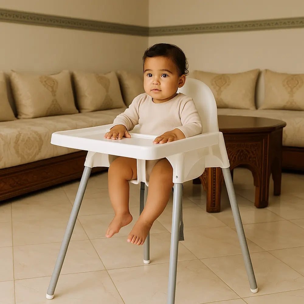 Chaise Haute Blanche avec Plateau & Ceinture de Sécurité