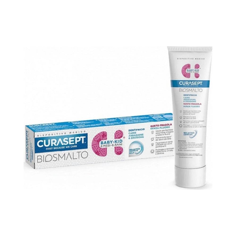 Curasept Biosmalto Baby-Kid dentifrice fraise 50 ml, tube et étui
