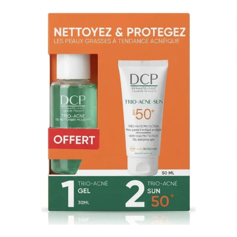 DCP مجموعة البشرة الدهنية المعرضة لحب الشباب واقي شمس Trio-Acné Sun SPF 50+ + جل منظف رغوي Trio-Acné 30 مل مجانًا