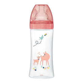 Dodie biberon anti-colique tétine plate 330 ml 6 mois et plus – rose, décor biches