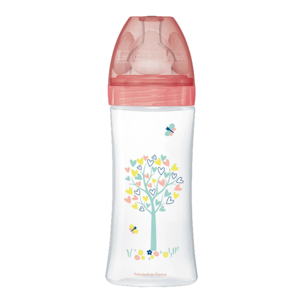 Dodie biberon anti-colique tétine plate 330 ml 6 mois et plus – rose, décor arbre