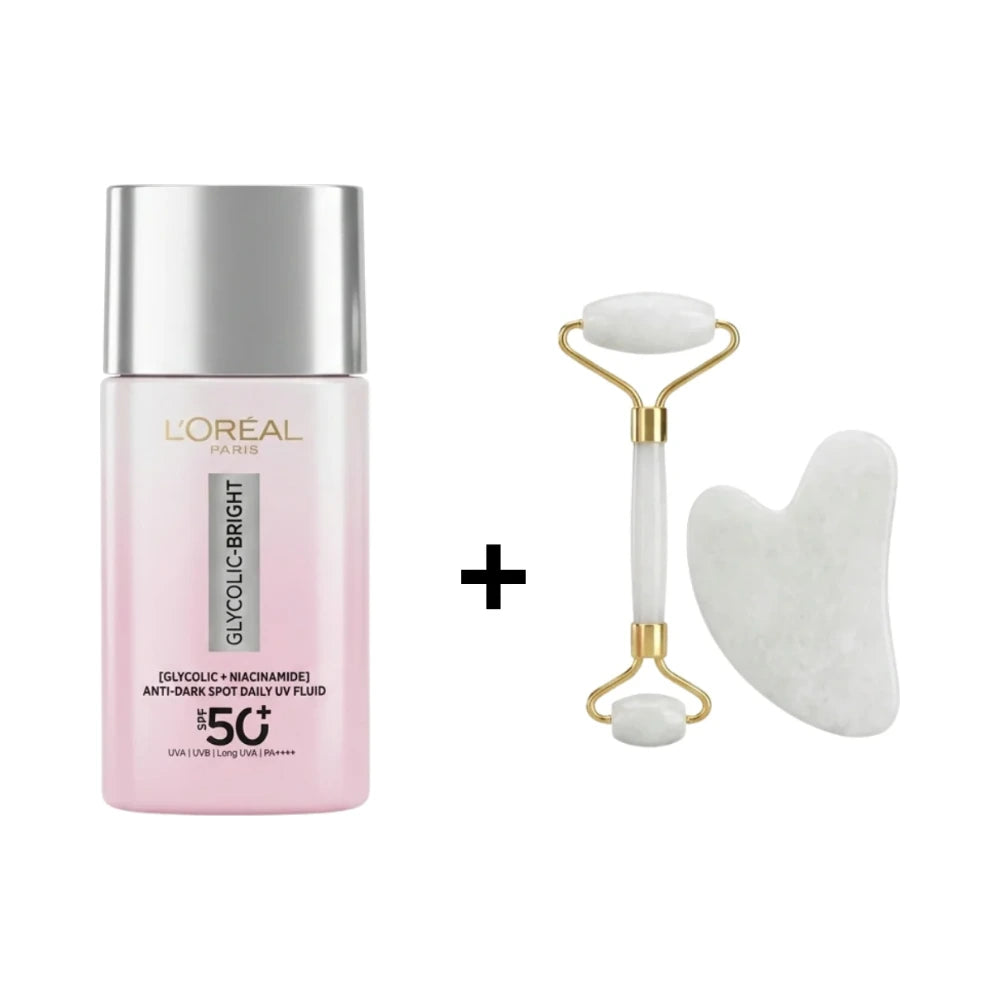 Coffret L'Oréal Paris Glycolic Bright Fluide UV SPF50+ avec rouleau et pierre Gua Sha