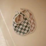 Mushie Set of 2 Muslin Bibs - Olive Check / Natural Check