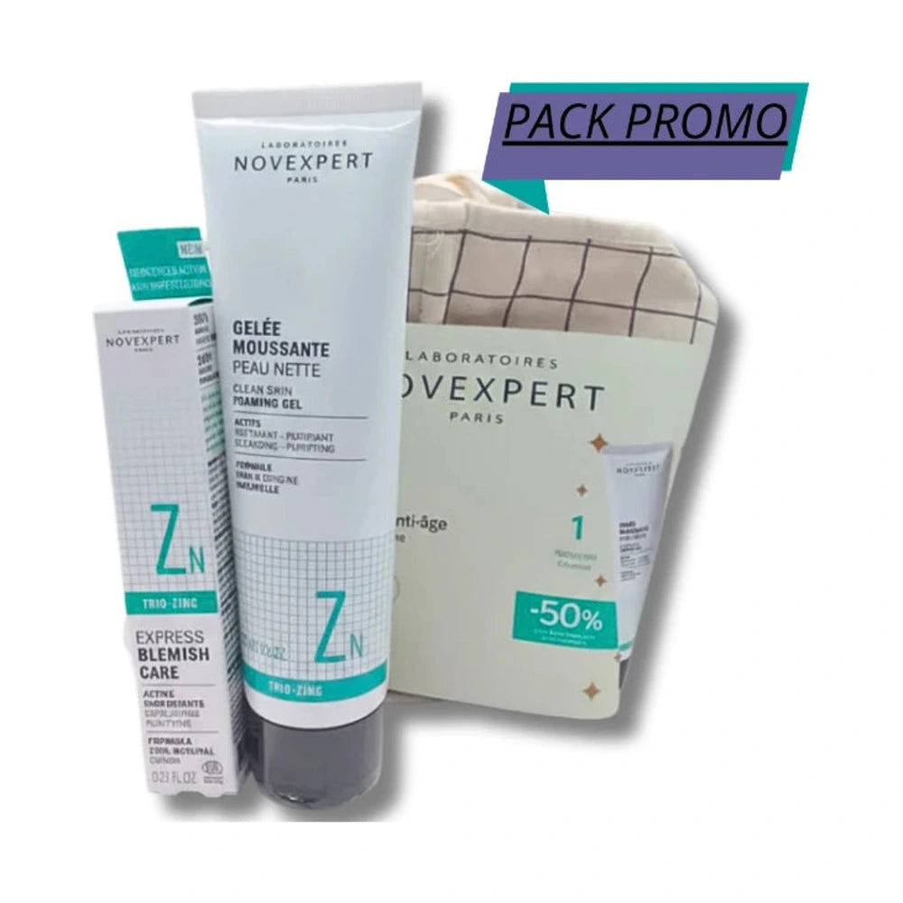 Coffret Novexpert Trio-Zinc gelée moussante et Stop Bouton Express avec trousse