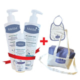 Offre: Melibé Gel Lavant Doux - 500ml+ Lait de Toilette - 500ml+ Shampoing Démêlant - 200ml= Un Bavoir + Un Sac Offert!