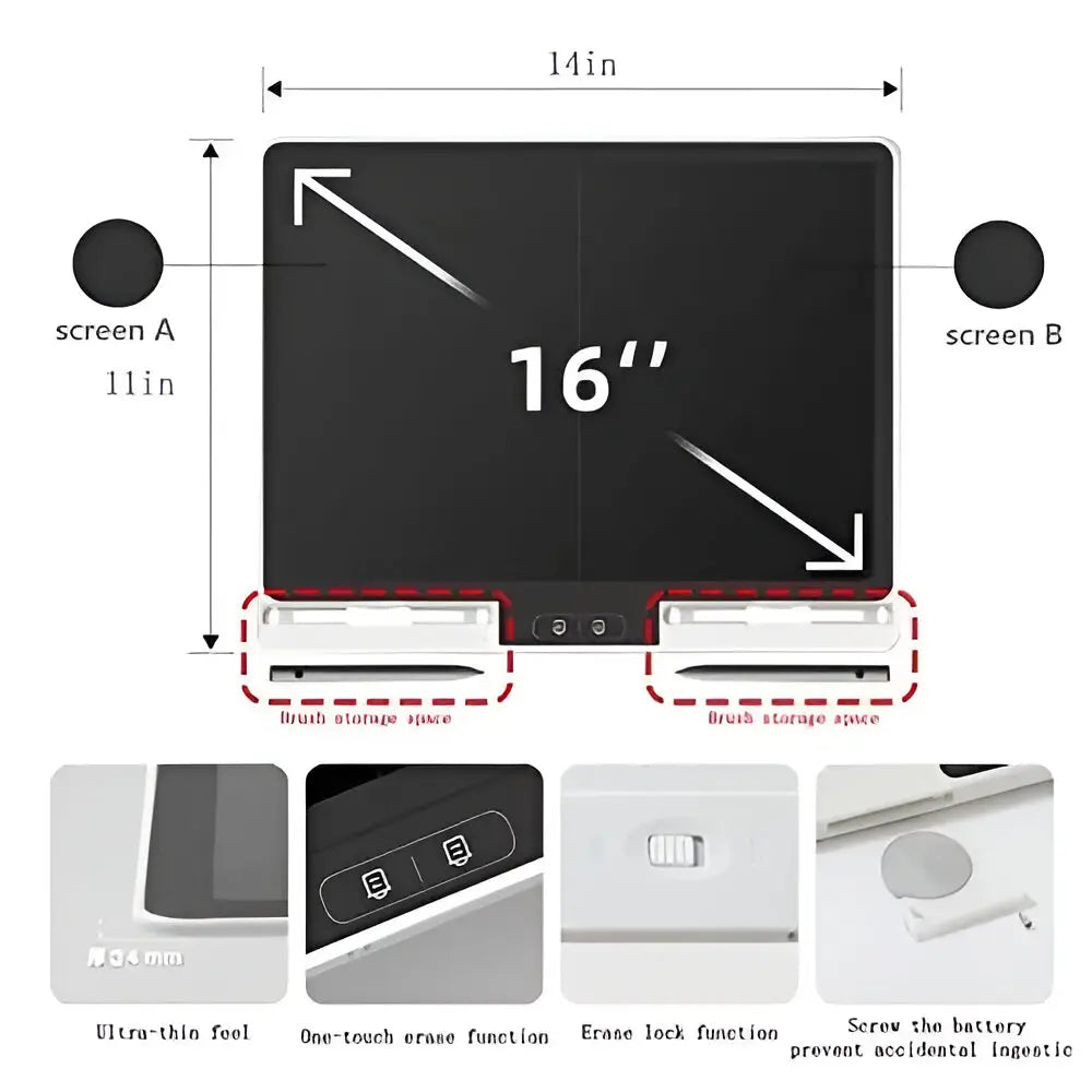 Tablette d'Écriture LCD 16 Pouces avec Écran Partagé & 2 Stylets