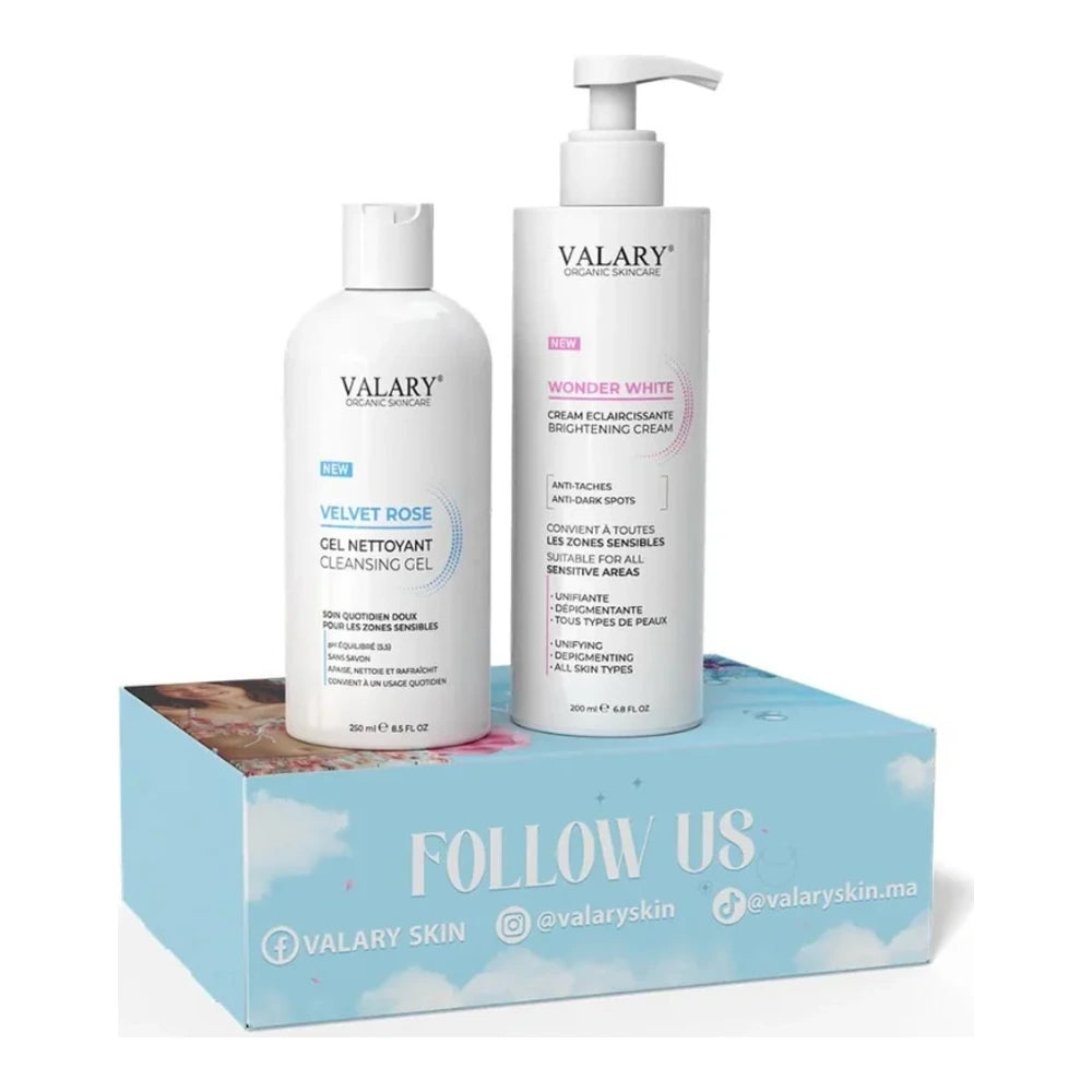 Pack Valary Éclaircissant : Crème Éclaircissante Wonder White 200 ml et Gel Nettoyant Velvet Rose 250 ml avec coffret