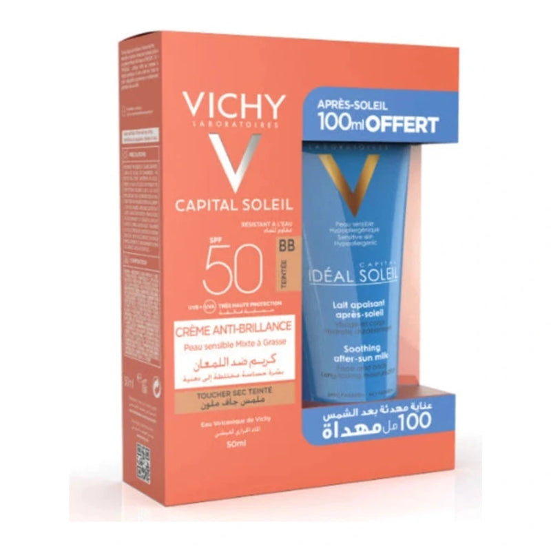 باك Vichy Capital Soleil كريم ملون مضاد للمعان SPF 50 + عناية ما بعد الشمس 100 مل