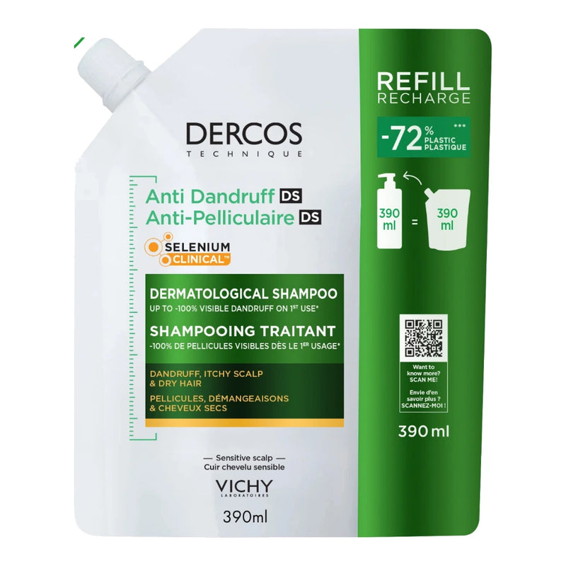 Dercos Shampoing Anti-Pelliculaire Cheveux Secs Refill Recharge 390ml