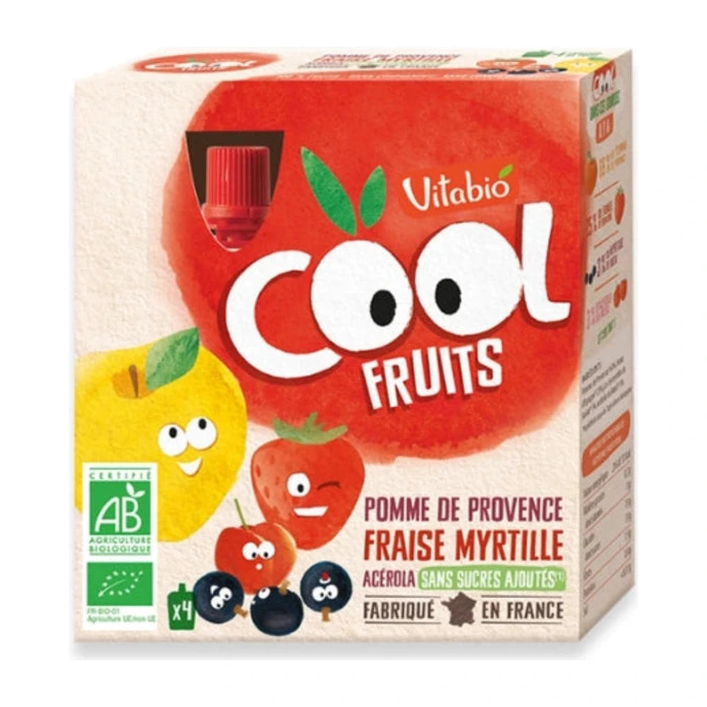 Vitabio Cool Fruits Pomme Fraise Myrtille – pack de 4 gourdes de 90 g