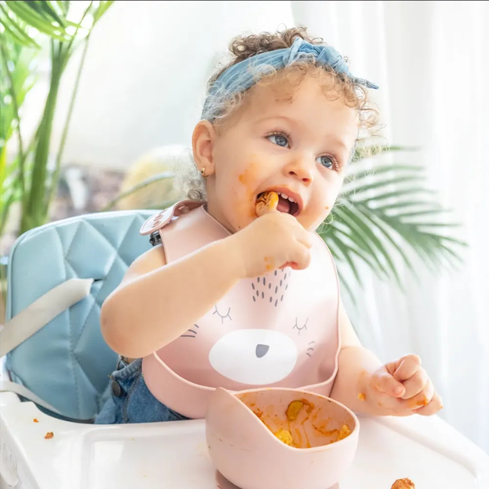 YUMMY Bavoir Chat en Silicone avec Poche 9M+ - Rose Blush