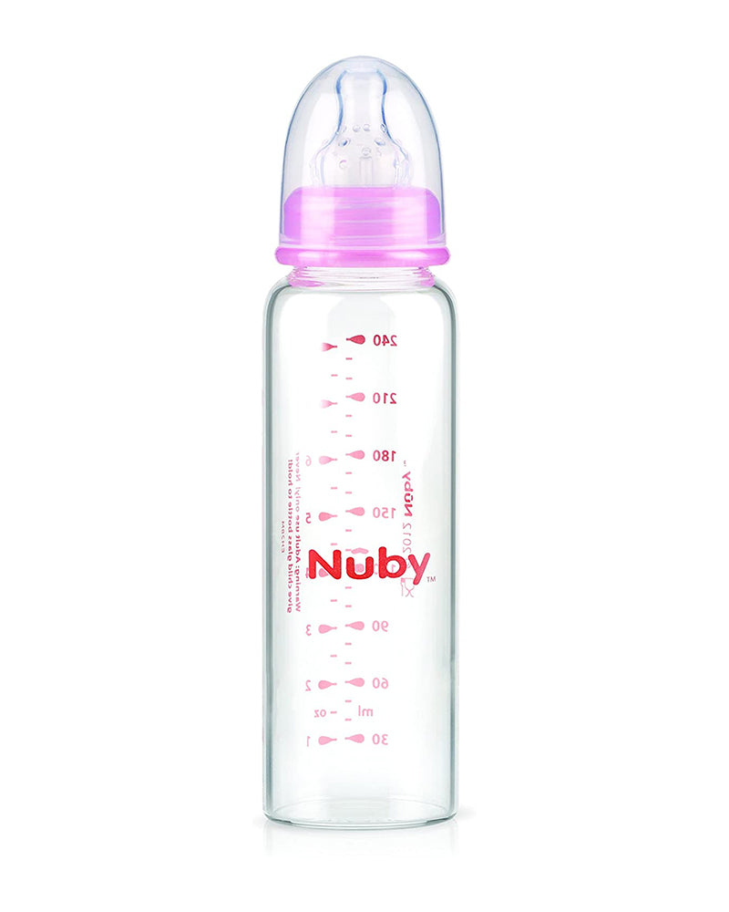 Nûby Biberón de Vidrio con Tetina de Flujo Lento 240 ml - Rosa
